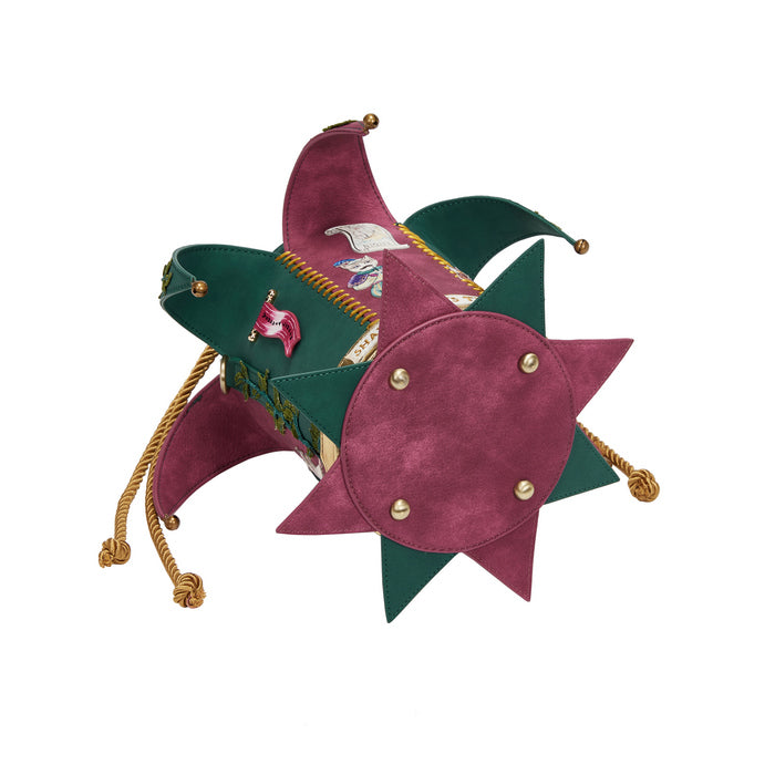 Colorful jester hat with green and red design on a white background
