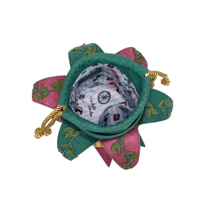 Decorative flower-shaped pouch with pink and green petals on a white background