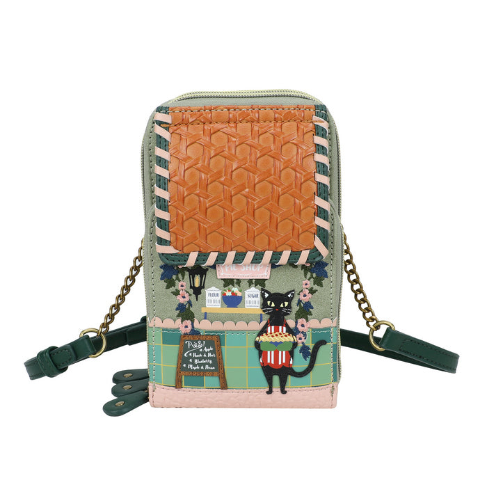 Multicolored bag with a cat design on a white background