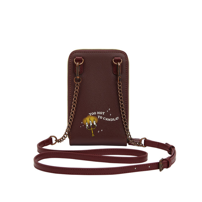 Brown leather crossbody bag with chain strap on a white background