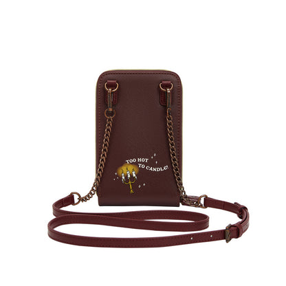 Brown leather crossbody bag with chain strap on a white background