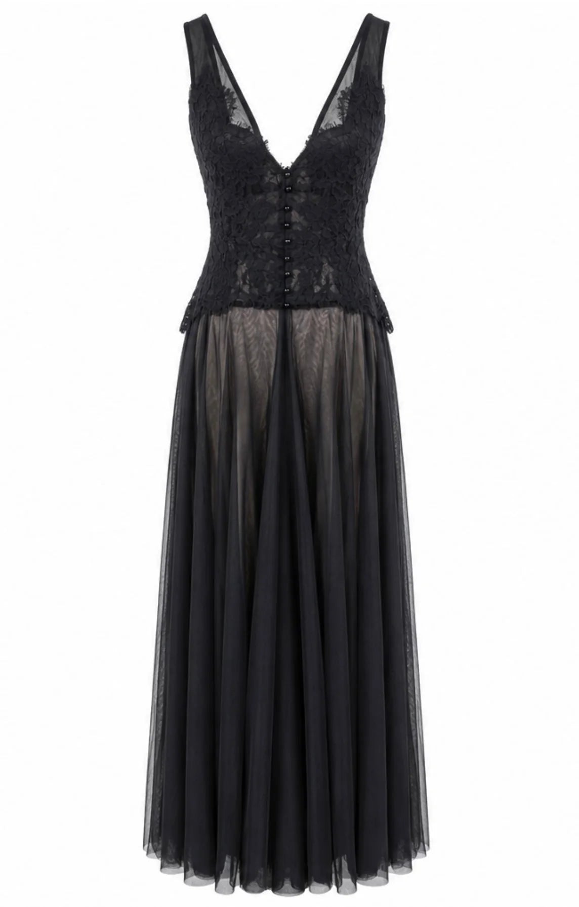 Black lace dress with a sheer overlay on a white background