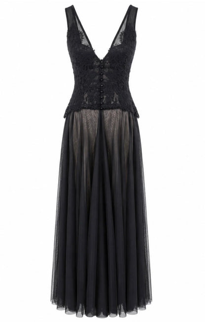 Black lace dress with a sheer overlay on a white background