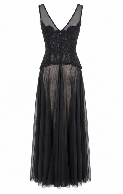 Black lace dress with sheer overlay on a white background