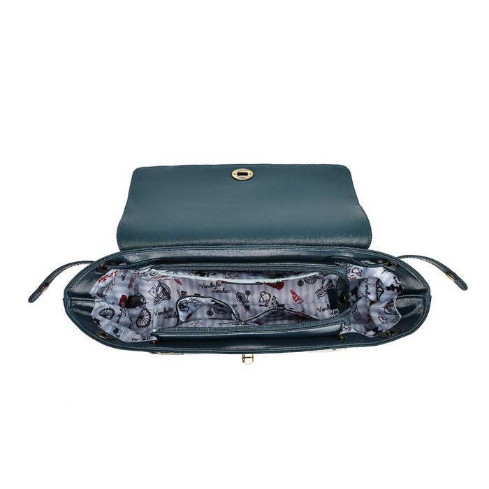 An open dark teal leather clutch bag with a patterned gray and white interior lining, shown against a plain white background.