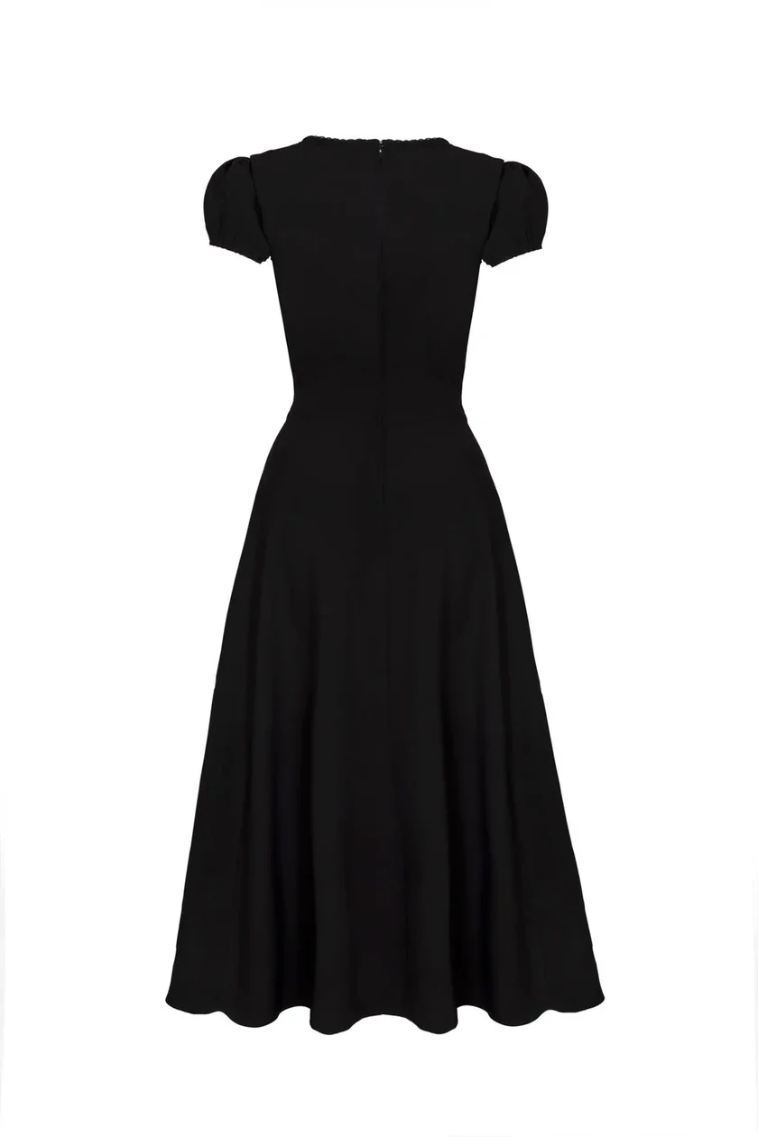 A black short-sleeve midi dress with a fitted bodice and flared skirt, shown from the back on a plain white background.