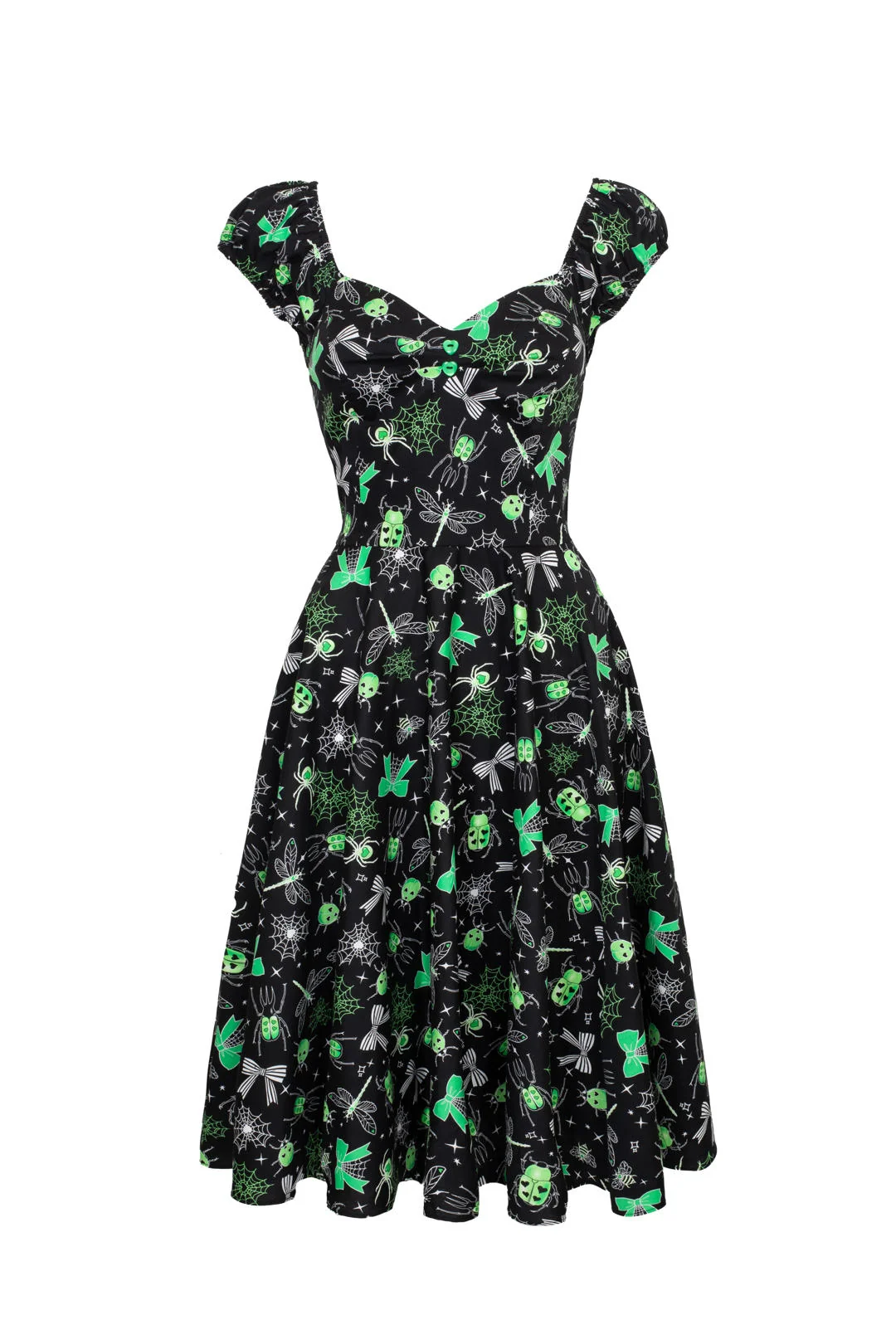 A black vintage-style swing dress with a green and gray floral and butterfly pattern, featuring cap sleeves and a sweetheart neckline, shown against a plain white background.