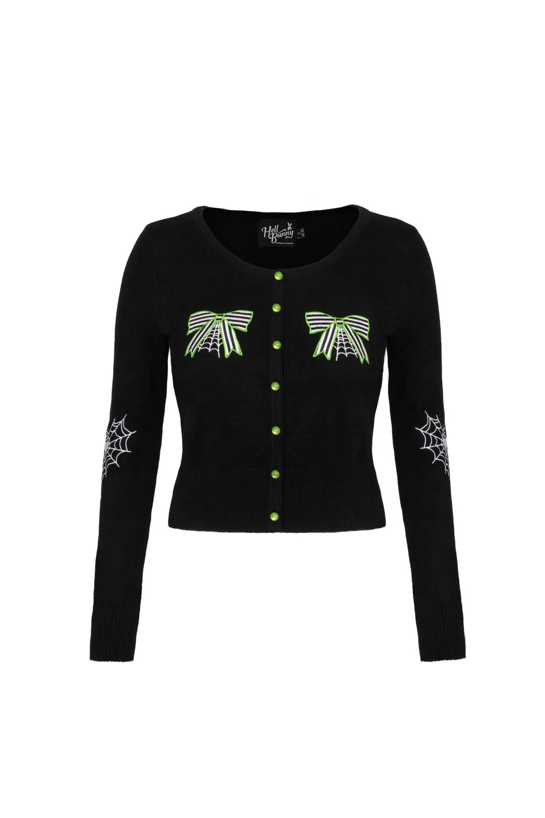 A woman modeling a black long-sleeve knit top with green and white spider-themed embroidery on the chest and sleeves, paired with black pants, against a light gray studio background.