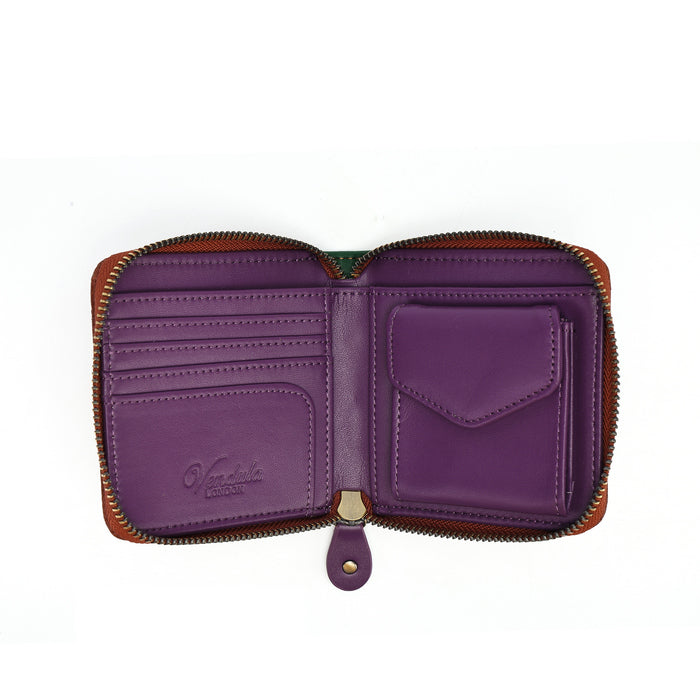 An open purple leather zip-around wallet with multiple card slots, a central pocket, and a brown leather trim, shown on a white background.