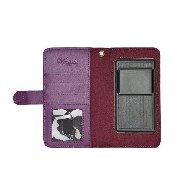 A purple and burgundy folio wallet case shown open on a white background, featuring card slots, a clear ID window, and a built-in cardholder.