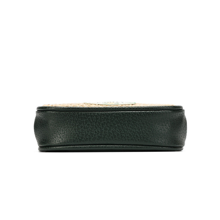A dark green pebbled leather clutch or wallet shown from the side profile against a plain white background.