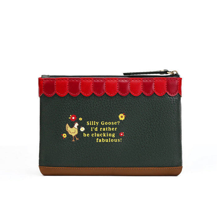 A dark green textured leather pouch with a red scalloped trim along the top zipper, a brown leather base, and a yellow embroidered chicken and text reading 'Silly Goose? I'd rather be flucking fabulous!'.