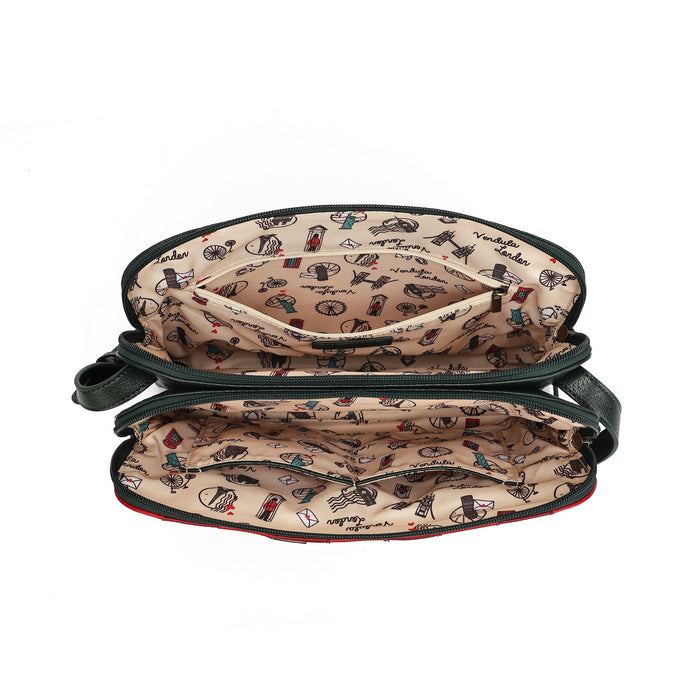 An open zippered cosmetic pouch or organizer bag with a beige interior printed with a small multicolor pattern of illustrated objects, shown against a plain white background.