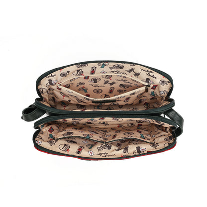 An open zippered cosmetic pouch or organizer bag with a beige interior printed with a small multicolor pattern of illustrated objects, shown against a plain white background.