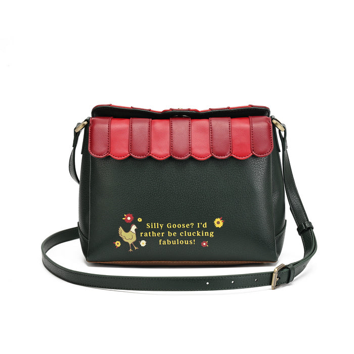 A black pebbled leather crossbody bag with a scalloped red leather top flap, featuring a yellow and red embroidered graphic on the front with the text 'Silly Goose? I'd rather be clucking fabulous!'.