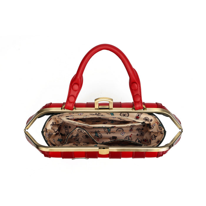 A red structured handbag with a gold-tone metal frame and top handle, shown open to display its patterned interior lining on a plain white background.