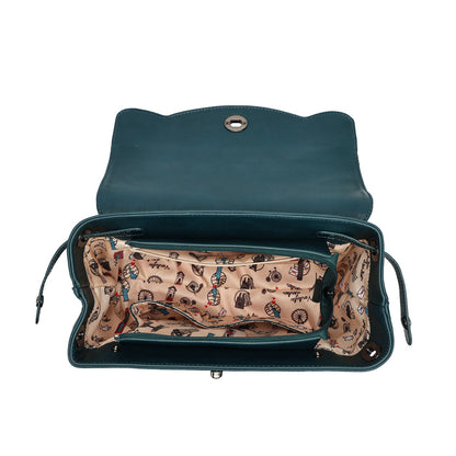 An open teal leather shoulder bag with a patterned beige interior lining featuring small illustrated motifs, shown against a plain white background.