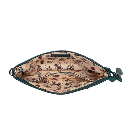 An open zippered pouch or small bag shown from above on a white background, with a beige interior printed with small travel-themed illustrations and dark teal exterior trim.
