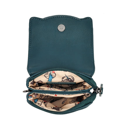 An open teal leather wallet or coin purse with a snap button closure, showing a patterned beige interior with nautical illustrations.
