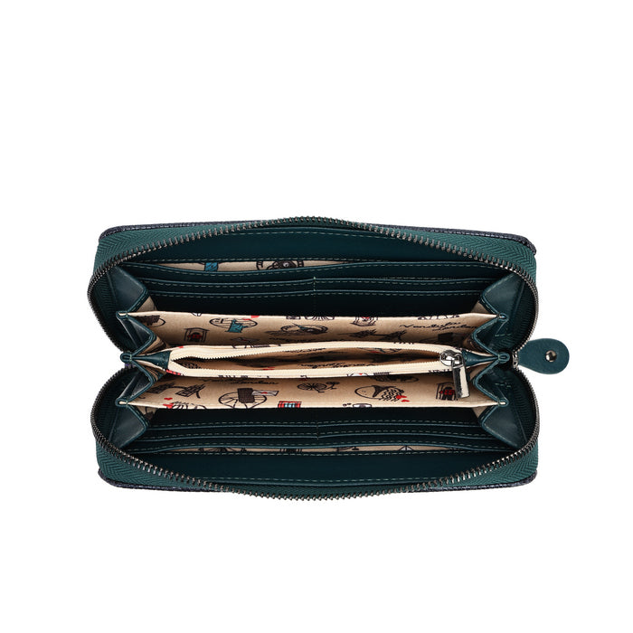 An open dark teal zip-around wallet with multiple interior card slots, a coin pocket, and a beige patterned paper divider, shown on a plain white background.