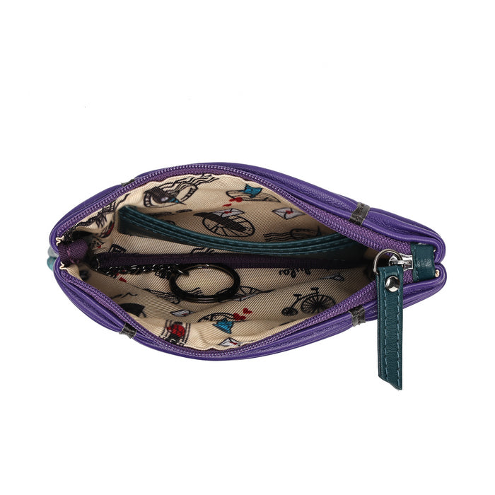 A purple zippered pouch shown open, revealing a beige patterned interior with a teal zipper track and a matching teal pull tab.