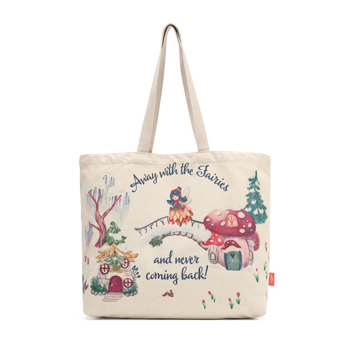 A lightweight recycled-canvas tote with a digital print featuring snowy toadstool houses, fairy doors, winter trees, rabbits and snowflakes. The roomy format is suited to shopping, errands or carrying extra everyday items.