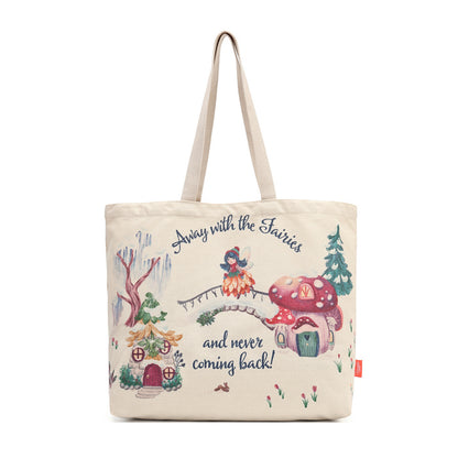 A lightweight recycled-canvas tote with a digital print featuring snowy toadstool houses, fairy doors, winter trees, rabbits and snowflakes. The roomy format is suited to shopping, errands or carrying extra everyday items.