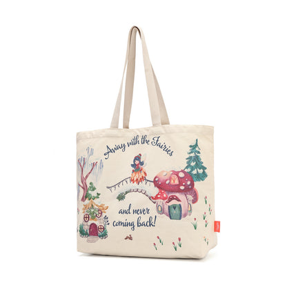 A lightweight recycled-canvas tote with a digital print featuring snowy toadstool houses, fairy doors, winter trees, rabbits and snowflakes. The roomy format is suited to shopping, errands or carrying extra everyday items.