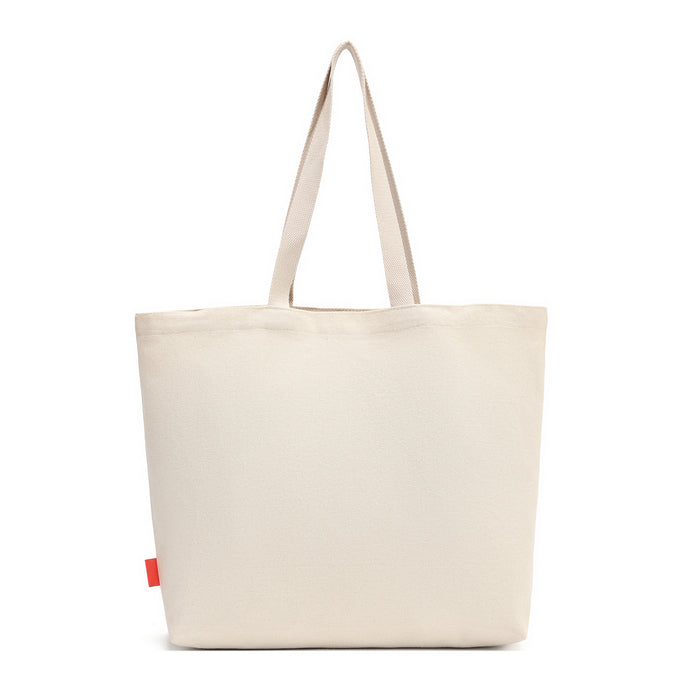A lightweight recycled-canvas tote with a digital print featuring snowy toadstool houses, fairy doors, winter trees, rabbits and snowflakes. The roomy format is suited to shopping, errands or carrying extra everyday items.