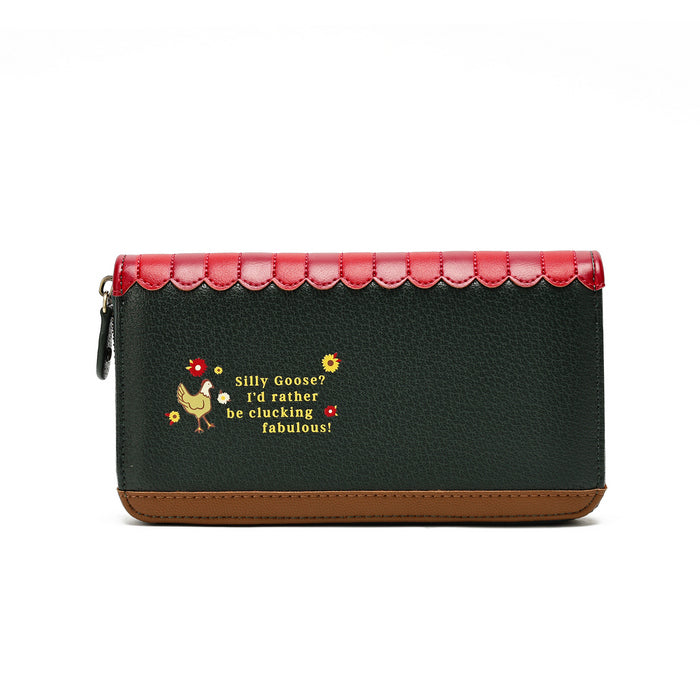 A long zip-around wallet with a dark green pebbled leather body, a bright red scalloped top trim, and a brown base trim. The front features a small embroidered rooster and the text 'silly Goose? I'd rather be clucking fabulous!' in yellow and white.
