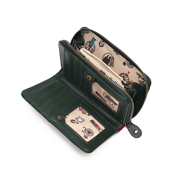 An open dark green leather wallet with multiple card slots, a zippered compartment, and a patterned beige interior lining, shown on a white background.