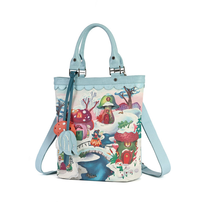 A versatile carryall that can be worn as a backpack, shoulder bag, crossbody or grab tote, with a padded tech section and organised internal storage. Embroidery and appliqué add texture to artwork featuring snowy toadstool houses, fairy doors, winter trees, rabbits and snowflakes.