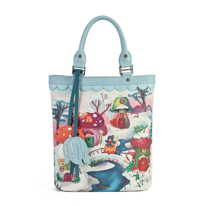 A versatile carryall that can be worn as a backpack, shoulder bag, crossbody or grab tote, with a padded tech section and organised internal storage. Embroidery and appliqué add texture to artwork featuring snowy toadstool houses, fairy doors, winter trees, rabbits and snowflakes.