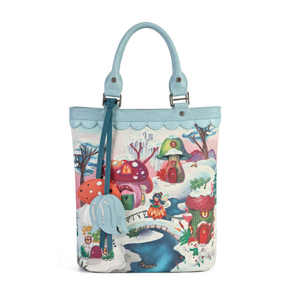 A versatile carryall that can be worn as a backpack, shoulder bag, crossbody or grab tote, with a padded tech section and organised internal storage. Embroidery and appliqué add texture to artwork featuring snowy toadstool houses, fairy doors, winter trees, rabbits and snowflakes.