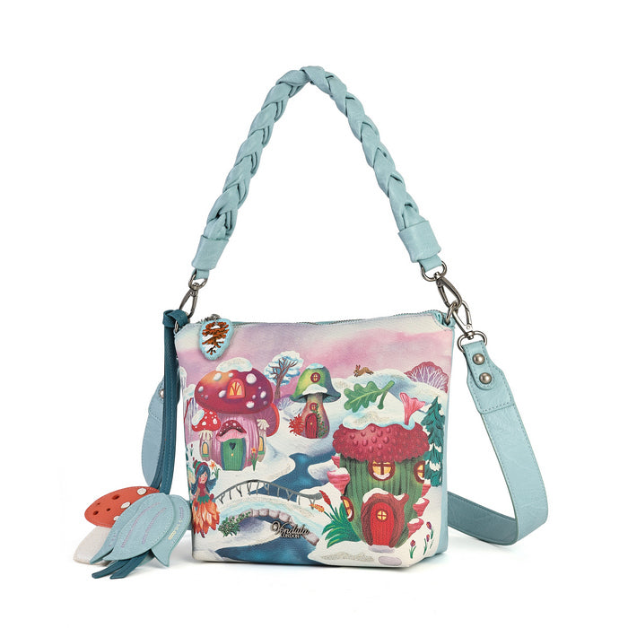 A practical crossbody with a top handle, detachable strap and a mix of internal and external pockets for everyday organisation. Printed and embossed vegan leather is finished with snowy toadstool houses, fairy doors, winter trees, rabbits and snowflakes.
