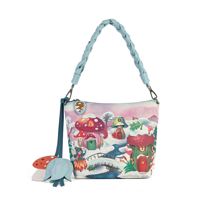 A practical crossbody with a top handle, detachable strap and a mix of internal and external pockets for everyday organisation. Printed and embossed vegan leather is finished with snowy toadstool houses, fairy doors, winter trees, rabbits and snowflakes.
