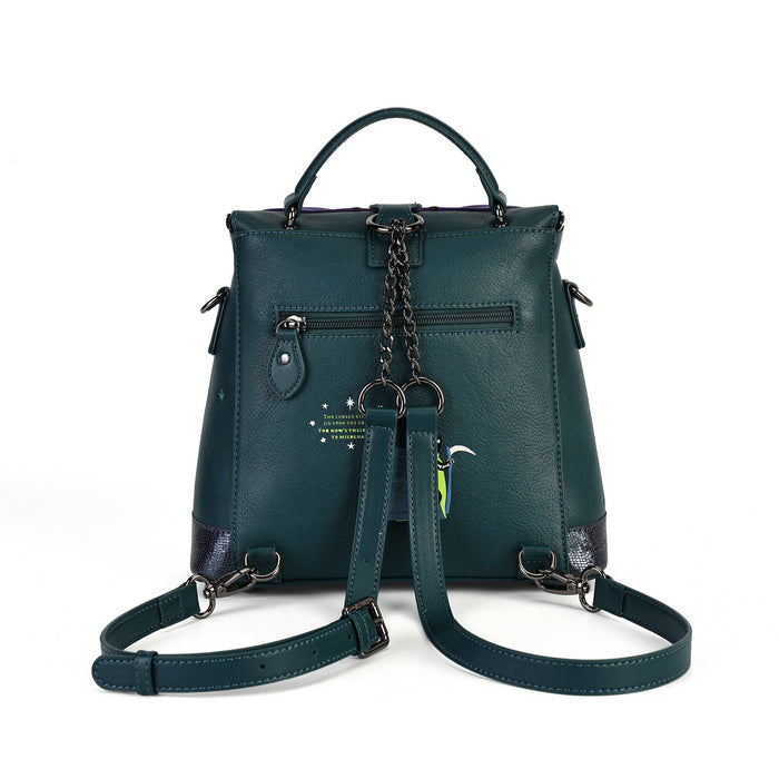 A dark teal green pebbled leather backpack with a top handle, front zip pocket, and an adjustable shoulder strap, shown against a plain white background.