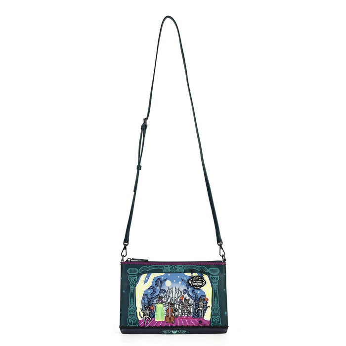 A black crossbody bag featuring a colorful illustration of Cinderella Castle from Disney's The Princess and the Frog, complete with a matching black shoulder strap.