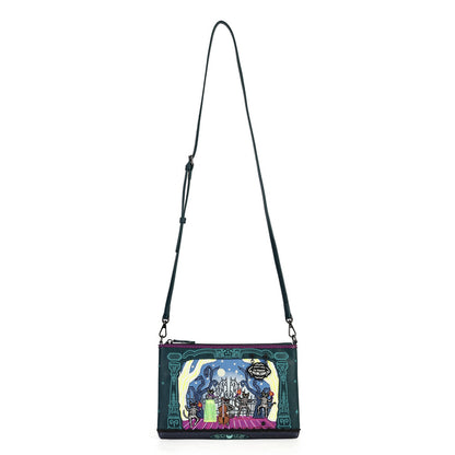 A black crossbody bag featuring a colorful illustration of Cinderella Castle from Disney's The Princess and the Frog, complete with a matching black shoulder strap.