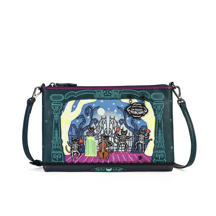 A rectangular crossbody clutch bag featuring a colorful, whimsical illustration of a band performing on stage under a full moon, with a purple top zipper and a dark teal body.