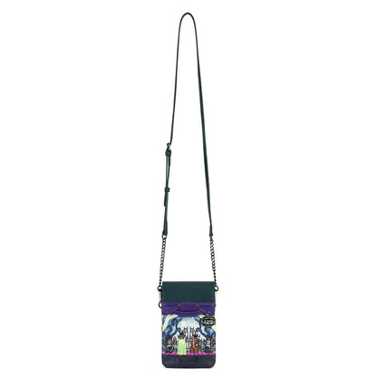 A small crossbody phone bag with a dark green body, a purple top flap, and a colorful graphic print on the front pocket. It features a long dark green shoulder strap with silver chain links on both sides, shown against a plain white background.