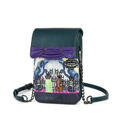 A small crossbody phone bag with a dark teal leather flap and strap, a purple bow detail, and a colorful illustrated front panel featuring a whimsical scene with the text 'La Dame Mon Léon'.