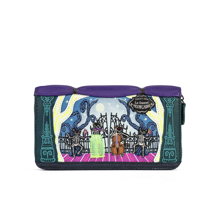 A rectangular zippered clutch or pouch with a purple top handle, featuring a colorful illustrated front panel showing skeleton figures, a gate, and decorative columns, photographed on a plain white background.