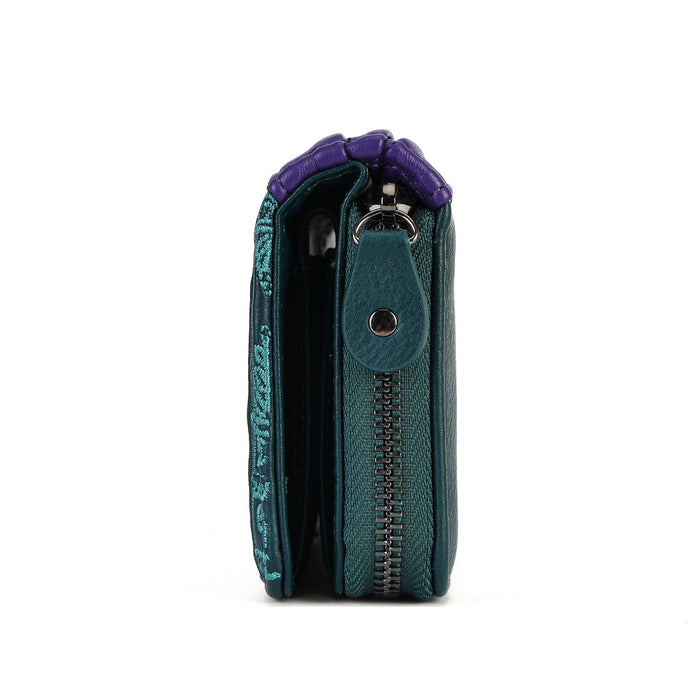 A close-up side view of a teal leather wallet or clutch with a purple zipper pull and turquoise embroidered detailing on the side, set against a plain white background.