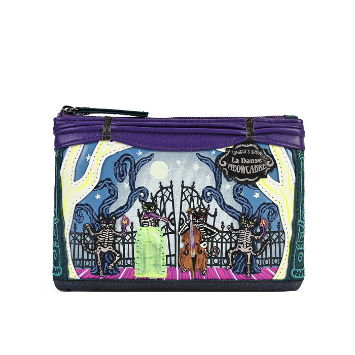 A small zip pouch with a purple zipper and trim, featuring a colorful illustrated front panel showing skeleton figures, a cello, a gate, and the text 'La Danse des Cadavres'.