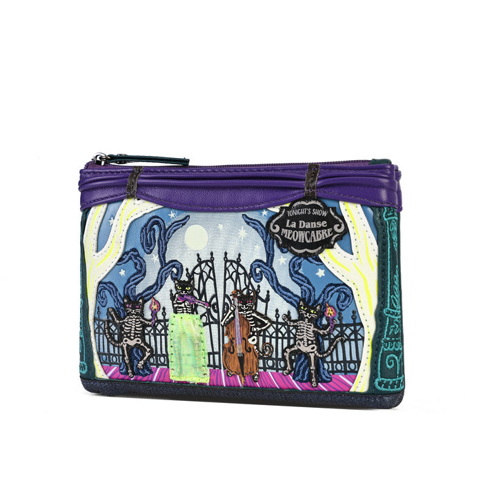 Disney's Space Jam Le Dance Macaque zip-around pouch featuring a colorful graphic illustration of macaque skeletons dancing in a stylized scene, with a purple top zipper trim and a hanging collectible tag.