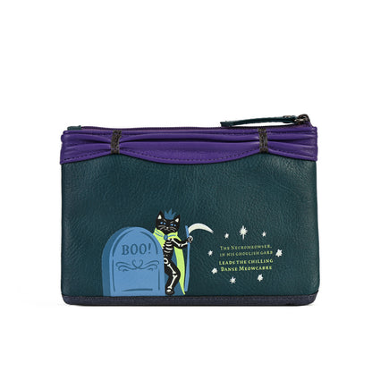 A small zip pouch with a dark teal body, purple top trim, and a Halloween-themed graphic featuring a black cat standing on a blue tombstone with the text 'BOO!' and a quote by Disney's Midnight Suns.