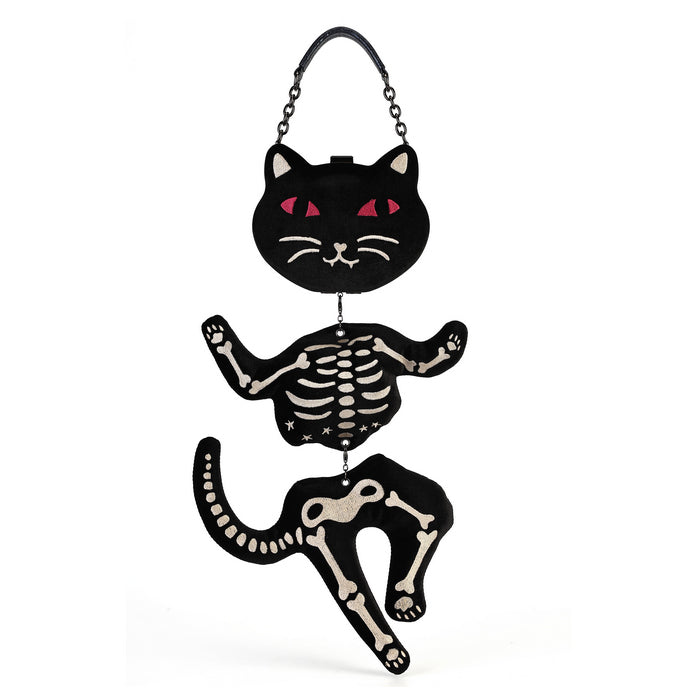 A black cat-shaped hanging decoration with a skeleton design, featuring red eyes, white details, and a black hanging chain on a plain white background.