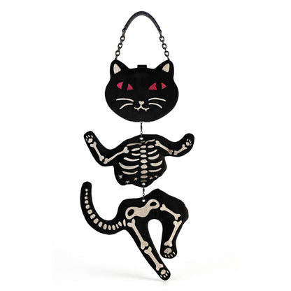 A black cat-shaped hanging decoration with a skeleton design, featuring red eyes, white details, and a black hanging chain on a plain white background.