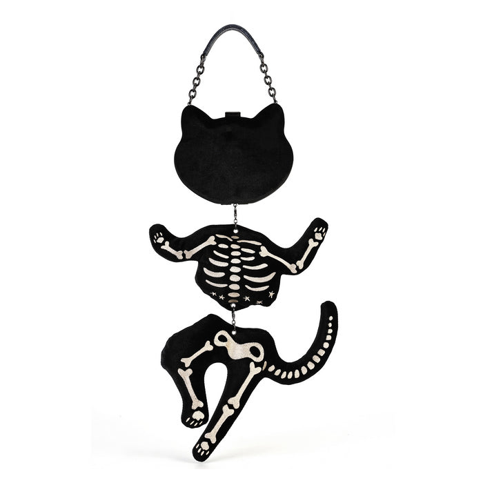 A black cat-shaped handbag with a skeleton motif, featuring a black cat head and ears, a skeleton body, and a black chain handle, shown against a plain white background.